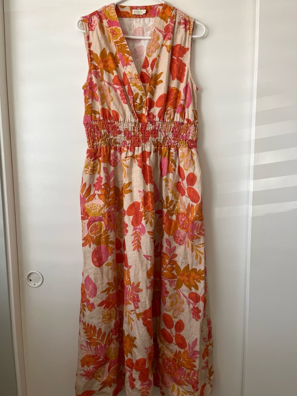 Sleeveless Linen Floral Maxi Dress in Pink & Orange